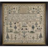 GEORGE IV NEEDLEWORK SAMPLER decorated with house, trees, birds, animals around central biblical