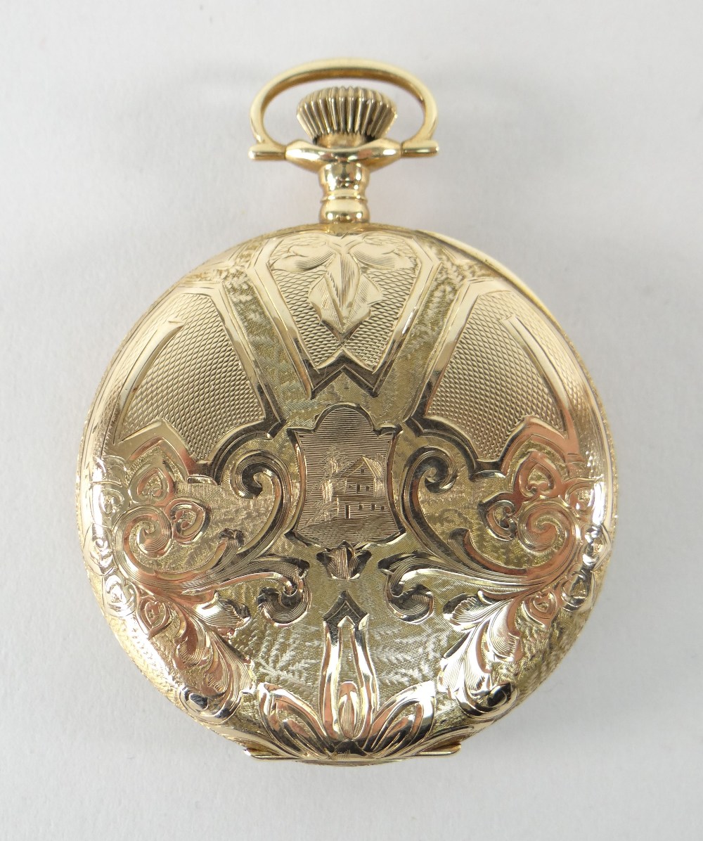 14K YELLOW GOLD FULL HUNTER POCKET WATCH BY WALTHAM having cobalt blue enamel face with subsidiary - Image 4 of 4
