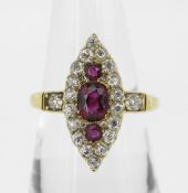 18CT YELLOW GOLD MARQUISE RUBY & DIAMOND CLUSTER RING, the central ruby (5.5 x 4.5mms) flanked by