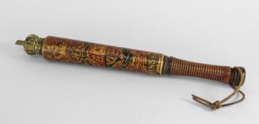 A GOOD EARLY VICTORIAN TURNED BEECHWOOD POLICE TRUNCHEON with brass crown finial, elaborately