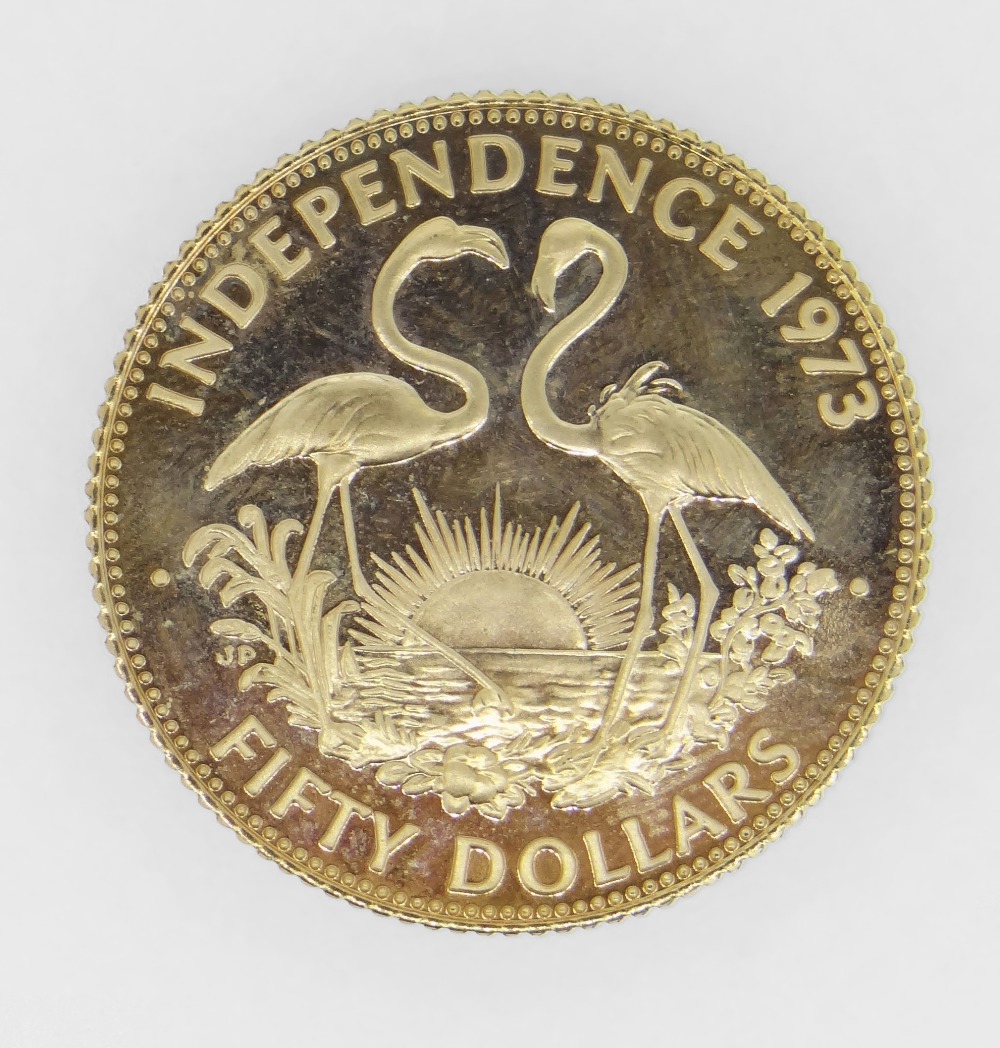 BAHAMAS ELIZABETH II GOLD FIFTY DOLLARS INDEPENDENCE COIN DATED 1973 in box and believed to be 12