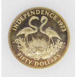 BAHAMAS ELIZABETH II GOLD FIFTY DOLLARS INDEPENDENCE COIN DATED 1973 in box and believed to be 12