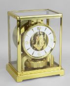 JAEGER LE COULTRE ATMOS CLOCK IN GILT BRASS CASE, caliber 526-5, numbered 376010. 22.5cms high.