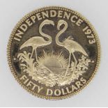 BAHAMAS ELIZABETH II GOLD FIFTY DOLLARS INDEPENDENCE COIN DATED 1973 in box and believed to be 12