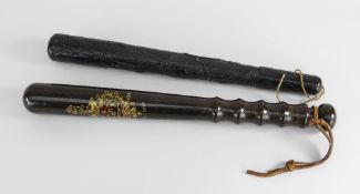 AN IRISH BOG OAK TRUNCHEON carved with shamrocks, 33cms long, and a George V Birmingham Special