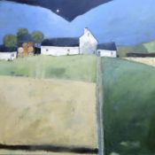 DIONNE SIEVEWRIGHT (B.1973) oil on canvas - 'Farmhouse and Bales', 100 x 100cms, Albany Gallery