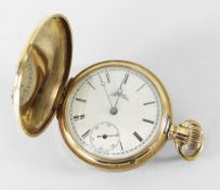 14K YELLOW GOLD SMALL FULL HUNTER POCKET WATCH BY ELGIN having enamel face with subsidiary seconds