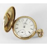 14K YELLOW GOLD SMALL FULL HUNTER POCKET WATCH BY ELGIN having enamel face with subsidiary seconds