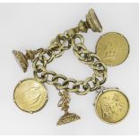 9CT YELLOW GOLD LARGE CURB LINK BRACELET AND ATTACHMENTS including a United States of America twenty