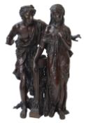 GOOD 19TH CENTURY NEOCLASSICAL PATINATED BRONZE GROUP of Apollo and a maiden beside a tripod brazier