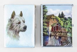 TWO SILVER & GUILLOCHE ENAMEL CIGARETTE CASES, one decorated with water mill, the other with dog,