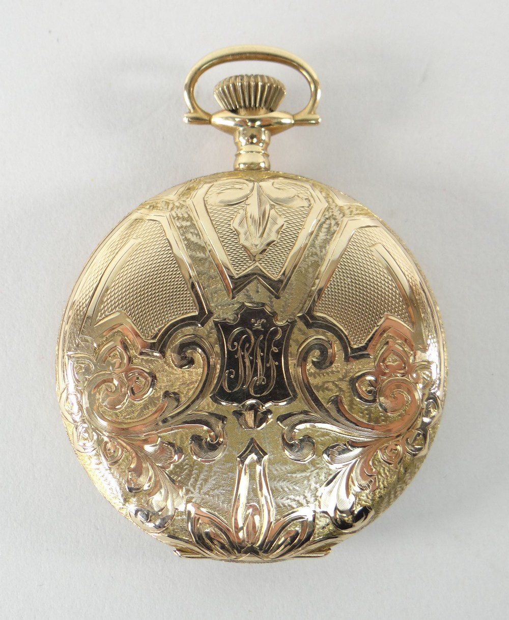 14K YELLOW GOLD FULL HUNTER POCKET WATCH BY WALTHAM having cobalt blue enamel face with subsidiary - Image 3 of 4