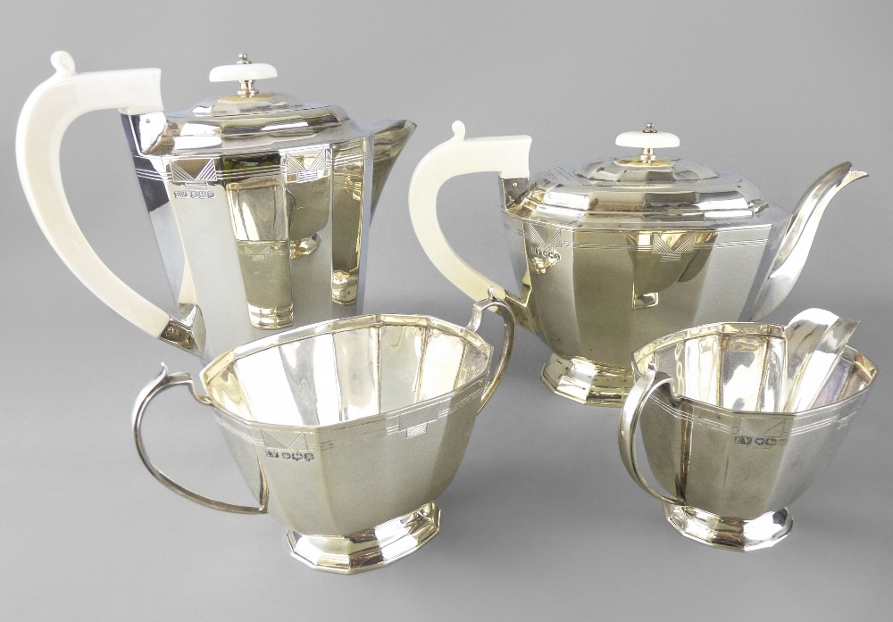 ART DECO FOUR-PIECE SILVER TEA SERVICE Sheffield 1939 and 1940 maker Emile Viner with ivory