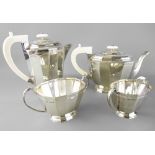 ART DECO FOUR-PIECE SILVER TEA SERVICE Sheffield 1939 and 1940 maker Emile Viner with ivory