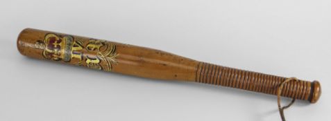 WILLIAM IV TURNED BEECHWOOD POLICE TRUNCHEON, gilt painted with crown WR IV cypher and HM