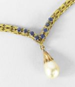 18CT (750) YELLOW GOLD NECKLET SET WITH EIGHT SAPPHIRES and pearl drop pendant, 29.7 grams.