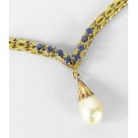 18CT (750) YELLOW GOLD NECKLET SET WITH EIGHT SAPPHIRES and pearl drop pendant, 29.7 grams.