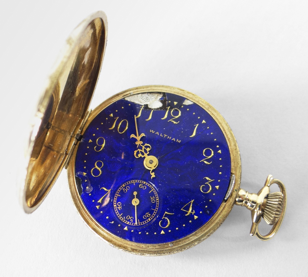 14K YELLOW GOLD FULL HUNTER POCKET WATCH BY WALTHAM having cobalt blue enamel face with subsidiary