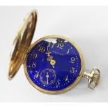 14K YELLOW GOLD FULL HUNTER POCKET WATCH BY WALTHAM having cobalt blue enamel face with subsidiary