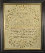 EARLY 19TH CENTURY NEEDLEWORK SAMPLER WORKED IN SILK with central poem (Be set with snares on