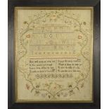 EARLY 19TH CENTURY NEEDLEWORK SAMPLER WORKED IN SILK with central poem (Be set with snares on