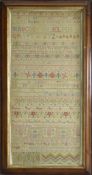 FINE GEORGE I NEEDLEWORK BAND SAMPLER worked in coloured silks on an unbleached linen ground with