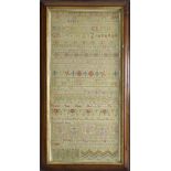 FINE GEORGE I NEEDLEWORK BAND SAMPLER worked in coloured silks on an unbleached linen ground with