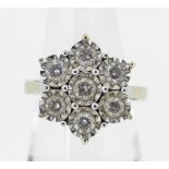 9CT YELLOW GOLD SEVEN STONE DIAMOND ILLUSION SET CLUSTER RING, 5.8 grams. Condition Report: