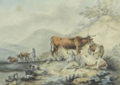 JULIUS CAESAR IBBETSON (1797-1817) ink, pencil and watercolour - Cattle in the Lake District,