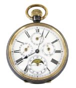 SWISS MADE GENTLEMEN'S PERPETUAL CALENDAR POCKET WATCH in blackened steel case, with moon phase, the