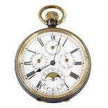 SWISS MADE GENTLEMEN'S PERPETUAL CALENDAR POCKET WATCH in blackened steel case, with moon phase, the