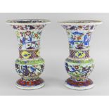 PAIR OF CHINESE BLUE & WHITE AND CLOBBERED PORCELAIN TRUMPET VASES 19th Century, decorated with
