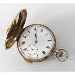 9CT GOLD FULL HUNTER QUARTER REPEATER POCKET WATCH having white enamel dial with Roman numeral