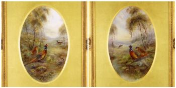 PAIR OF ROYAL WORCESTER JAMES STINTON DECORATED PLAQUES of oval form, opposing images of pheasants