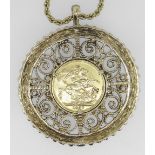 1877 GOLD SOVEREIGN SET IN 9CT GOLD SCROLL DESIGN MOUNT on yellow metal chain. Coin and setting