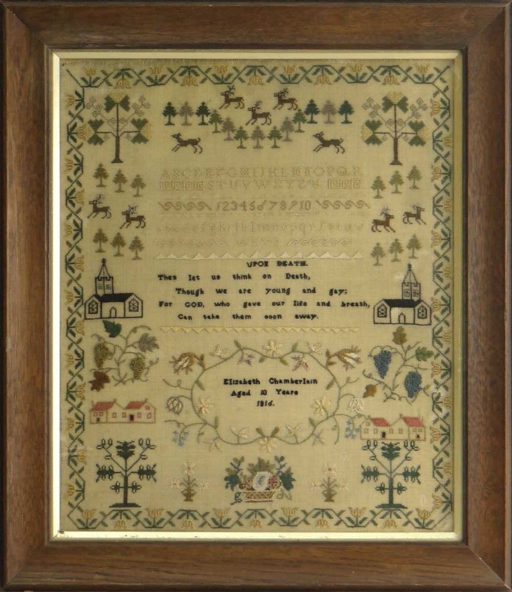 LATE GEORGE III NEEDLEWORK SAMPLER, worked with animals, churches, plants, alphabet, numerals and