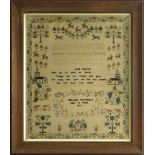 LATE GEORGE III NEEDLEWORK SAMPLER, worked with animals, churches, plants, alphabet, numerals and