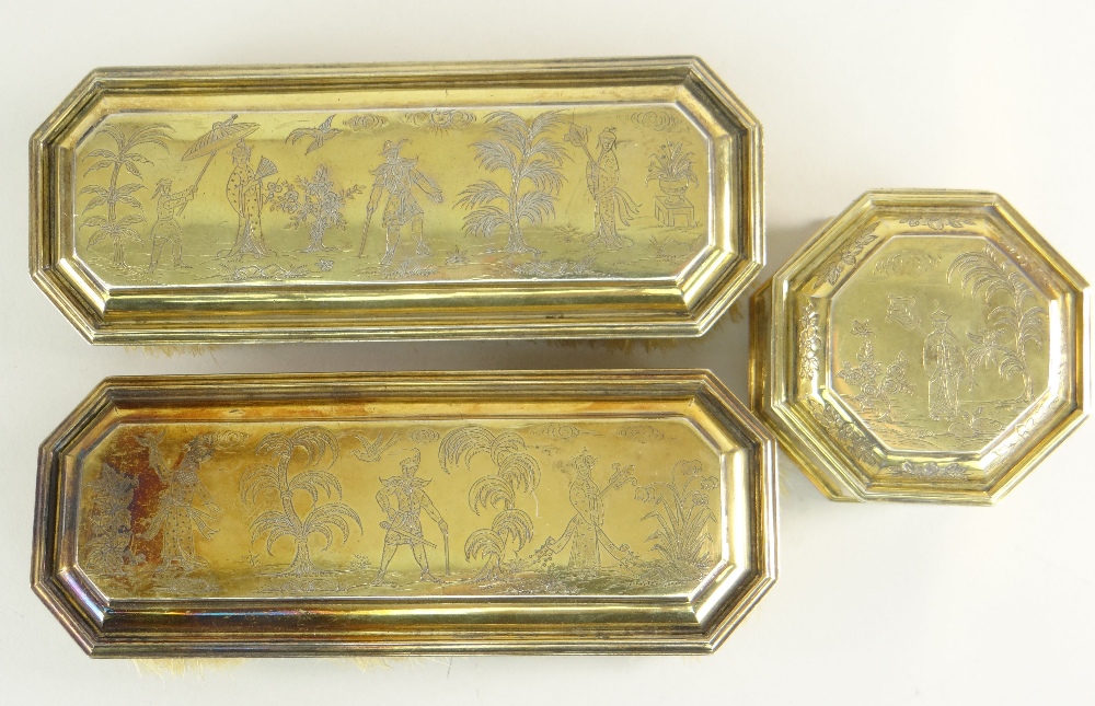GEORGE V MATCHED FIVE-PIECE SILVER GILT DRESSING TABLE VANITY SET overall engraved in Chinoiserie - Image 3 of 3