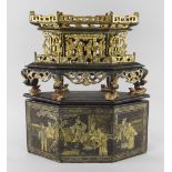 STRAITS CHINESE OR PERANAKAN CARVED & GILT LACQUERED CHANAB, the lozenge shaped offering stand