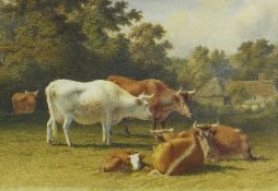 ROBERT HILLS (1769 -1844) watercolour - Cottage with meadow and cows, inscribed verso on Appleby