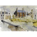 JACK JONES watercolour - houses at top of lane with inscription bottom right 'Doctor Powell's House,