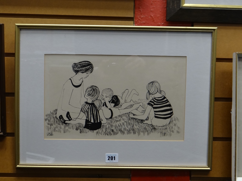 CLAUDIA WILLIAMS pen and ink drawing - family group, signed, 21 x 34cms - Image 2 of 3