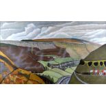 JOHN CAHILL mixed media - view across valley with woodlands and terraced houses, entitled verso '