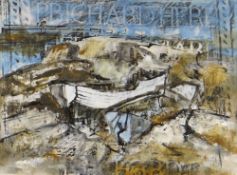 GWILYM PRICHARD mixed media - beached sailing boats with brass-rubbing lettering to top and