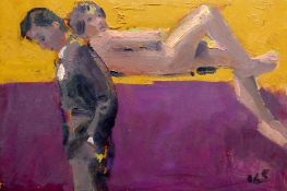 KEVIN SINNOTT acrylic on board - two figures, entitled verso 'Bunk Beds II', signed with initials,