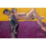 KEVIN SINNOTT acrylic on board - two figures, entitled verso 'Bunk Beds II', signed with initials,