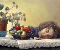 SALLY MOORE oil on panel - female resting her head on table with bowl of fruit and insects, entitled