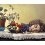 SALLY MOORE oil on panel - female resting her head on table with bowl of fruit and insects, entitled