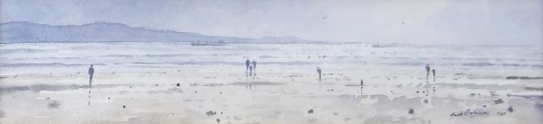 GARETH THOMAS watercolour - a beach scene with numerous figures and distant boats, signed and