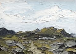 MARTIN LLEWELYN oil on canvas - mountains under blue sky, entitled verso 'Rhyd Ddu Path, Snowdonia',